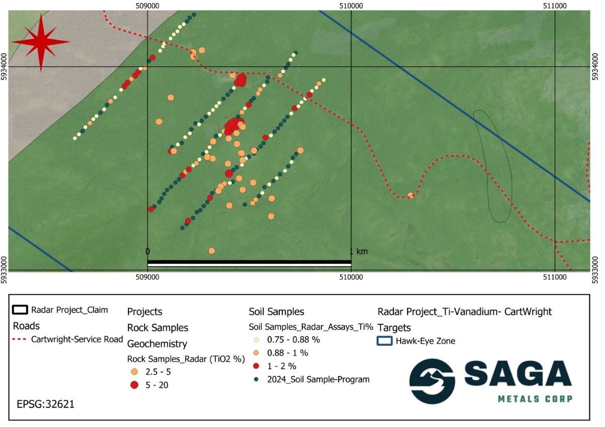 Ti% in soil samples combined with TiO2% taken in rock samples over the main exposure of the Hawkeye Zone